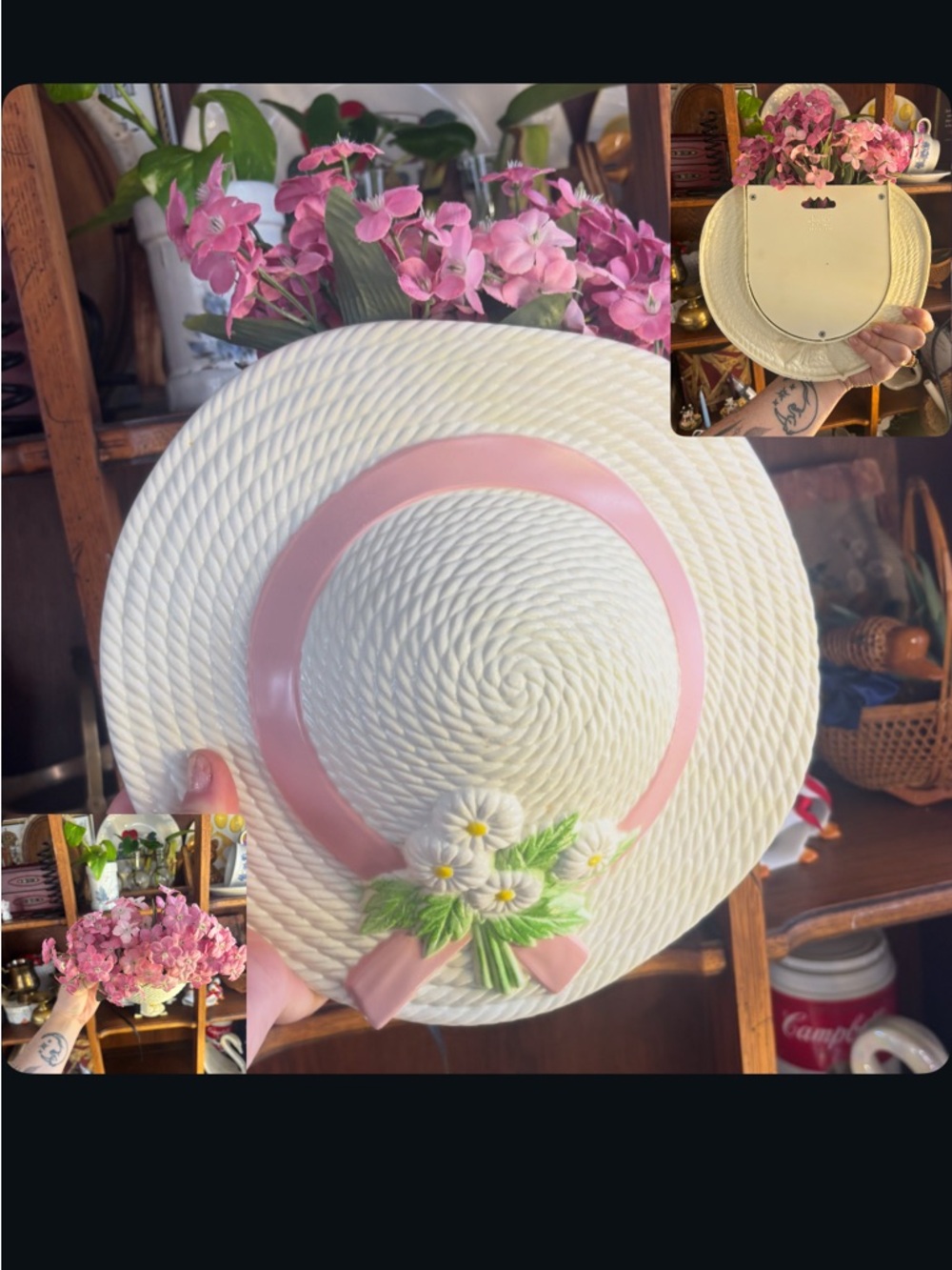 Women’s Cream Straw Hat Wall Pocket with Pink Ribbon & Floral Accent